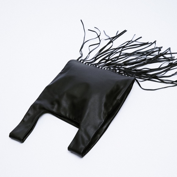 ZARA Fringed Leather Handbag Black BNWT - Picture 2 of 6